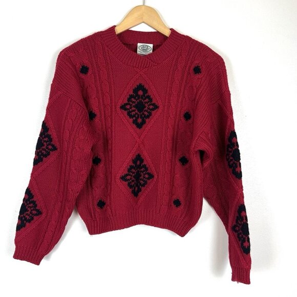 Vintage Laura Ashley Red Cable Knit Sweater sz S/M Cottage Cropped Feminine Boho - Picture 1 of 8